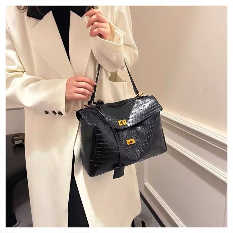 Zavilux The Luxe Black Crocodile-Embossed Top-Handle Bag