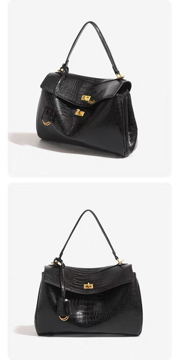 Zavilux The Luxe Black Crocodile-Embossed Top-Handle Bag
