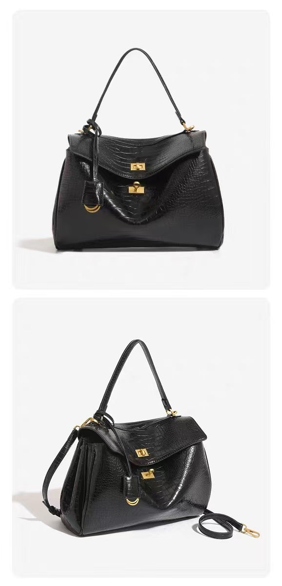 Zavilux The Luxe Black Crocodile-Embossed Top-Handle Bag