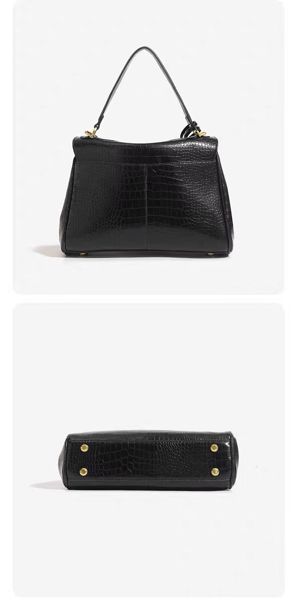 Zavilux The Luxe Black Crocodile-Embossed Top-Handle Bag
