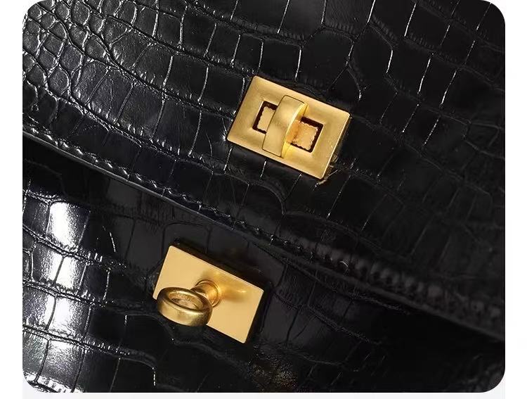 Zavilux The Luxe Black Crocodile-Embossed Top-Handle Bag