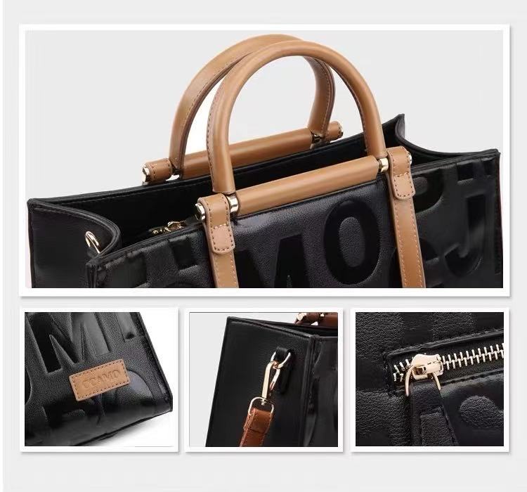 Zavilux Chic Black Letter Tote with Cognac Handles