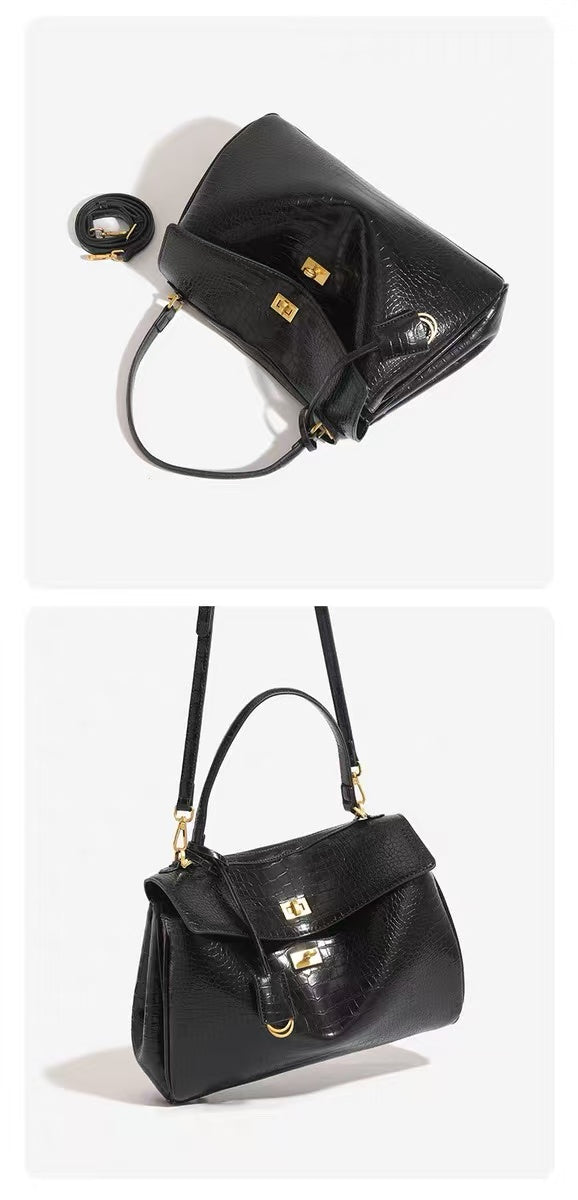 Zavilux The Luxe Black Crocodile-Embossed Top-Handle Bag