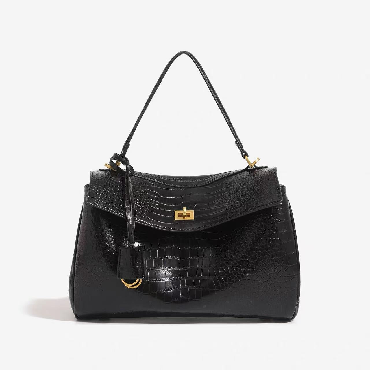 Zavilux The Luxe Black Crocodile-Embossed Top-Handle Bag