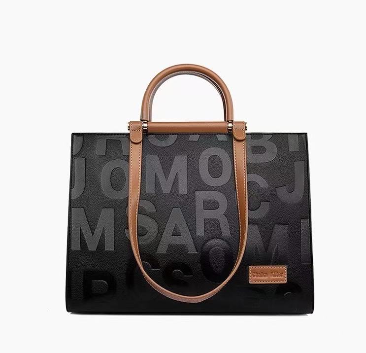 Zavilux Chic Black Letter Tote with Cognac Handles