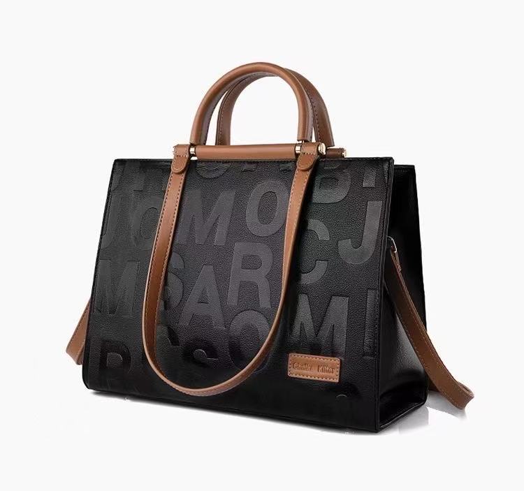 Zavilux Chic Black Letter Tote with Cognac Handles