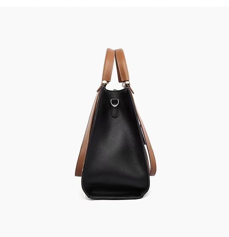 Zavilux Chic Black Letter Tote with Cognac Handles