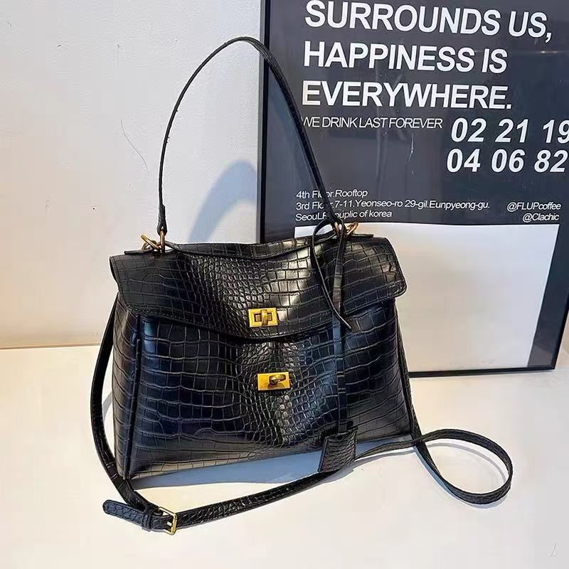 Zavilux The Luxe Black Crocodile-Embossed Top-Handle Bag