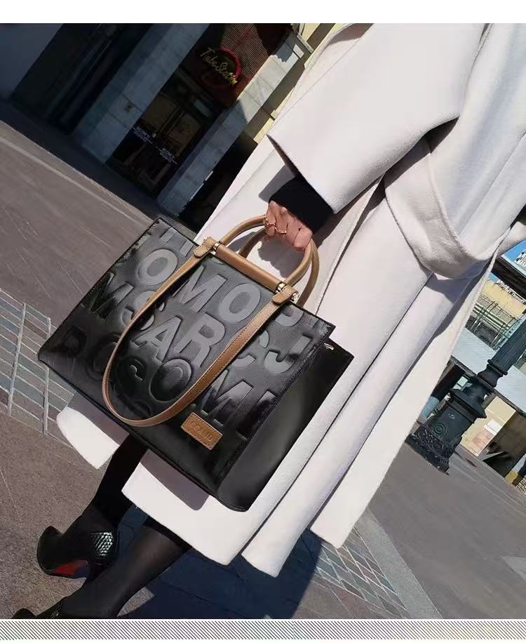 Zavilux Chic Black Letter Tote with Cognac Handles