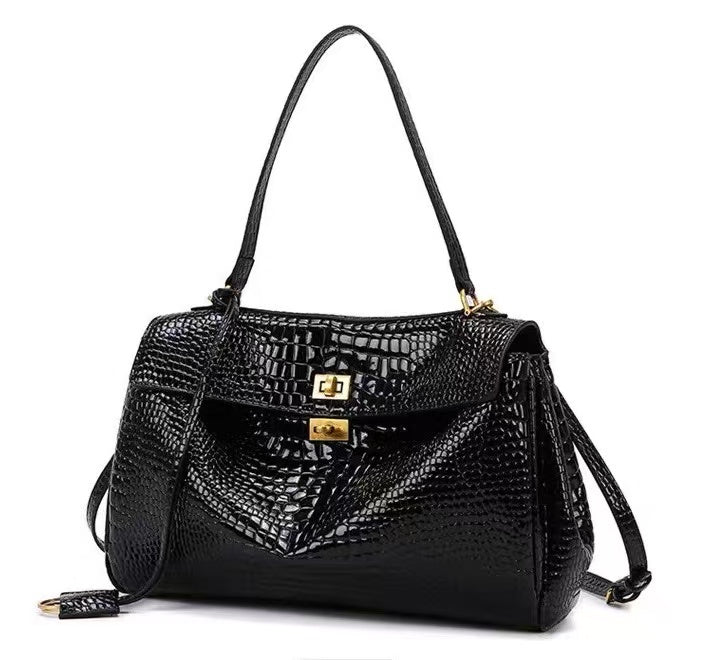 Zavilux The Luxe Black Crocodile-Embossed Top-Handle Bag