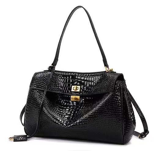 Zavilux The Luxe Black Crocodile-Embossed Top-Handle Bag