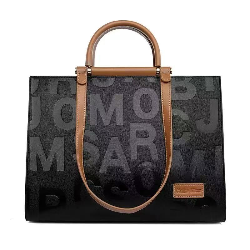 Zavilux Chic Black Letter Tote with Cognac Handles
