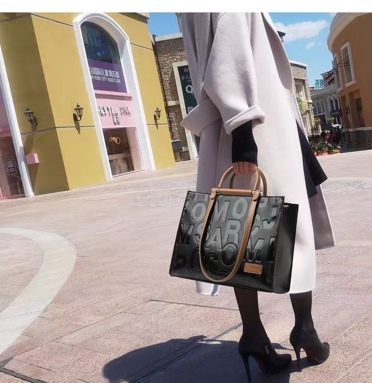 Zavilux Chic Black Letter Tote with Cognac Handles