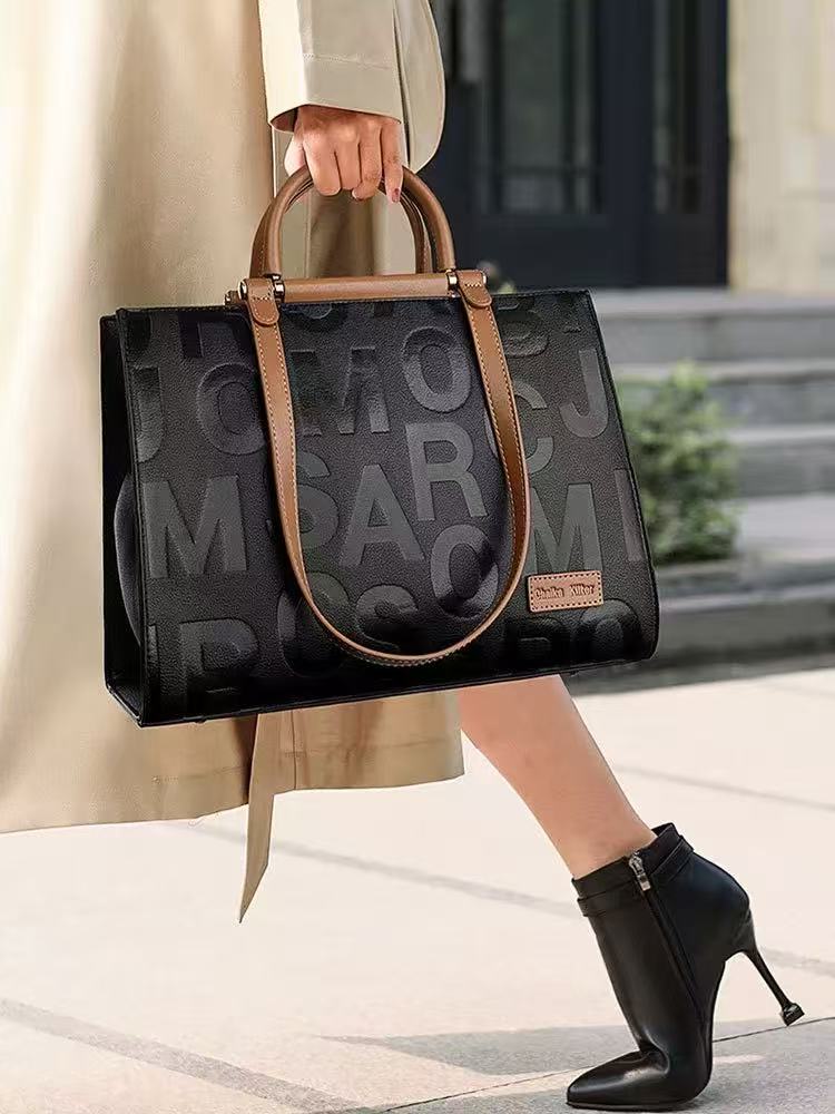 Zavilux Chic Black Letter Tote with Cognac Handles