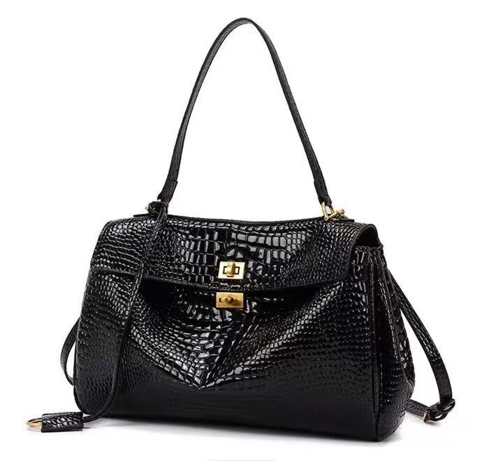 Zavilux The Luxe Black Crocodile-Embossed Top-Handle Bag
