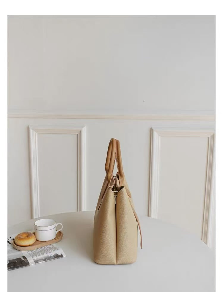 Zavilux Classic Beige Leather Tote Bag